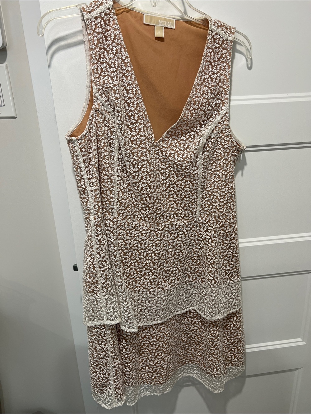 Michael Kors White Lace Overlay Dress with Camel Slip